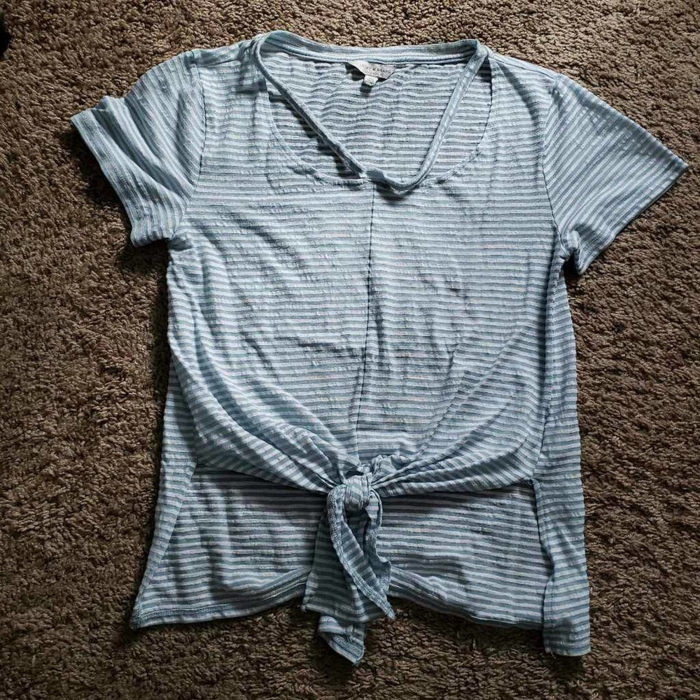 Lucky Brand Womens Blouse Blue Stripe Short Sleeve Split Neck Tie Waist XS